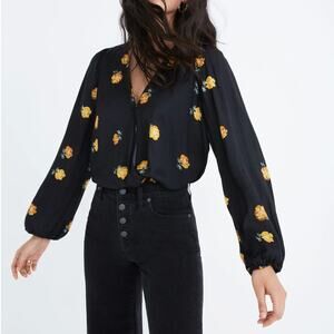 Madewell Black Bubble-Sleeve Wrap Top Floating Floret L